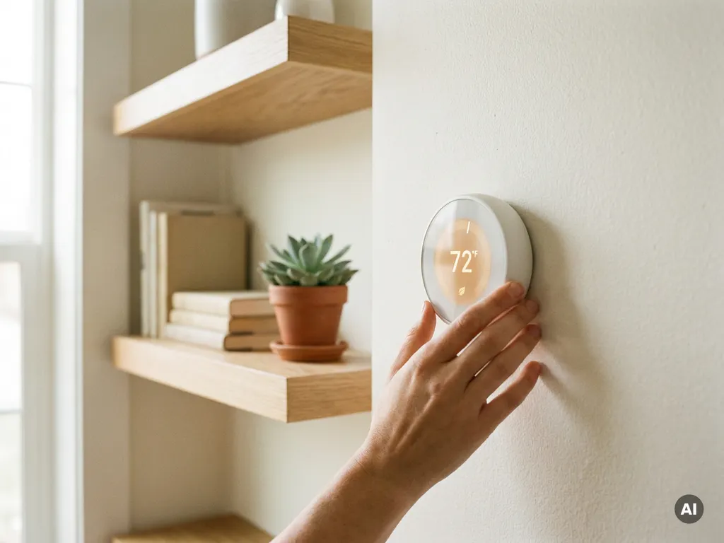 Hand die een witte slimme thermostaat aanraakt op een warme witte muur, met eikenhouten planken en salie groene plant op de achtergrond.