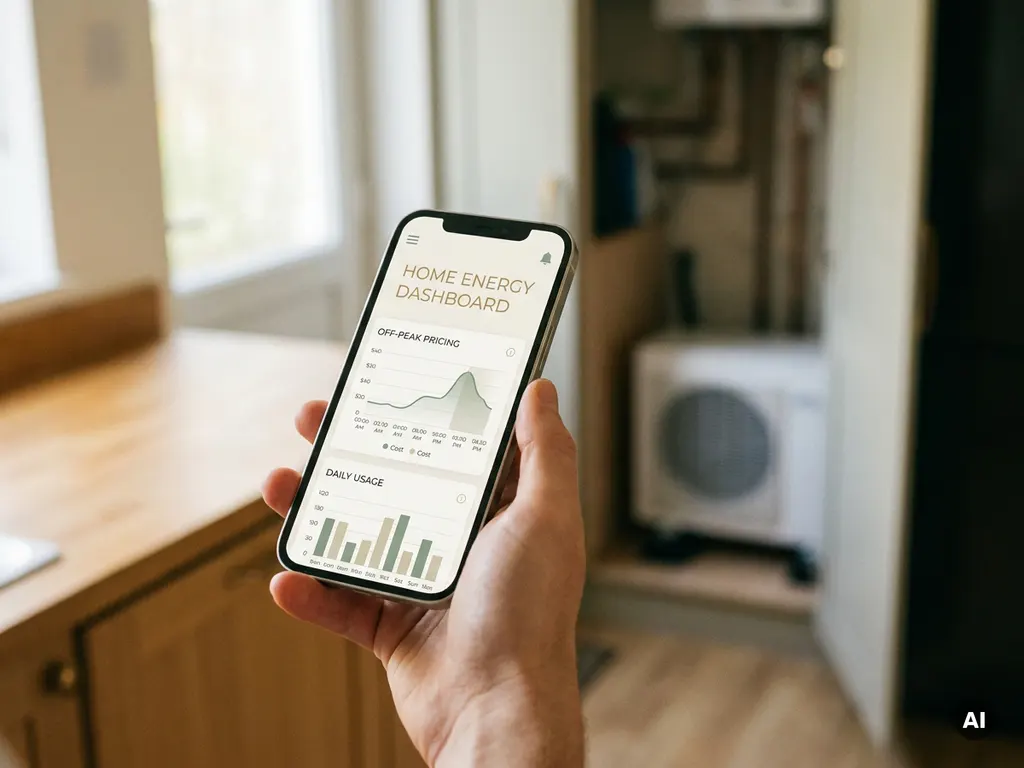 Hand met smartphone met energiedashboard met dal-urentarieven, warmtepomp zichtbaar op achtergrond, lichte keukenomgeving.