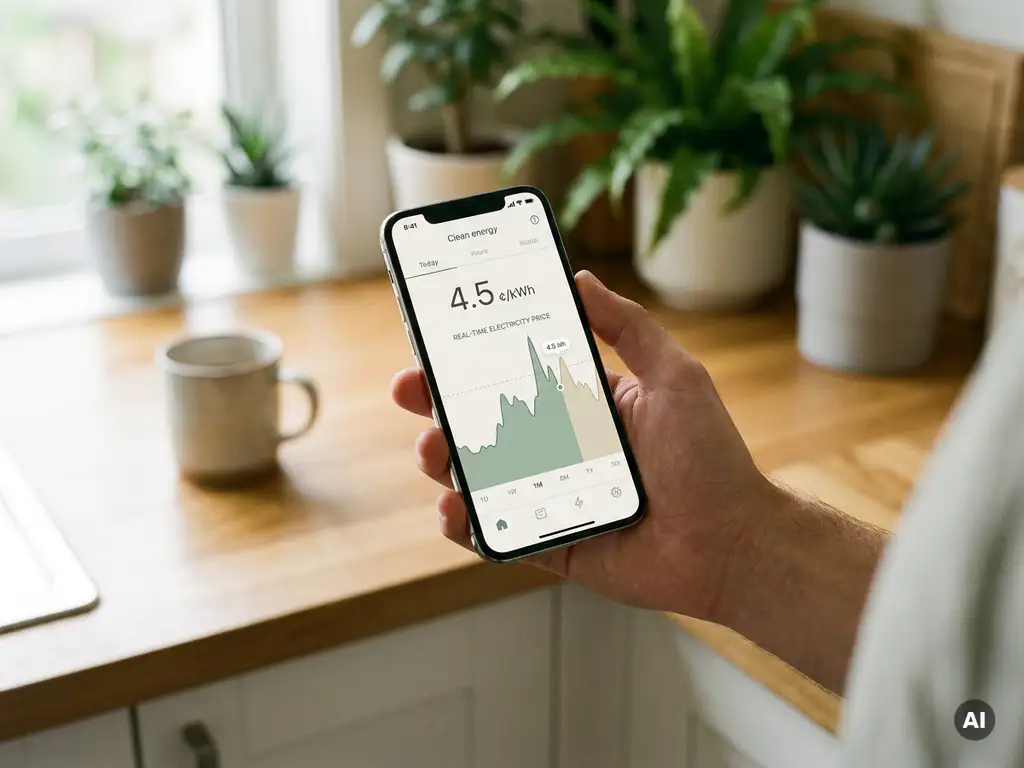 Hand met smartphone waarop een dashboard voor schone energie en een realtime elektriciteitsprijsgrafiek te zien zijn, zachte keukenachtergrond.