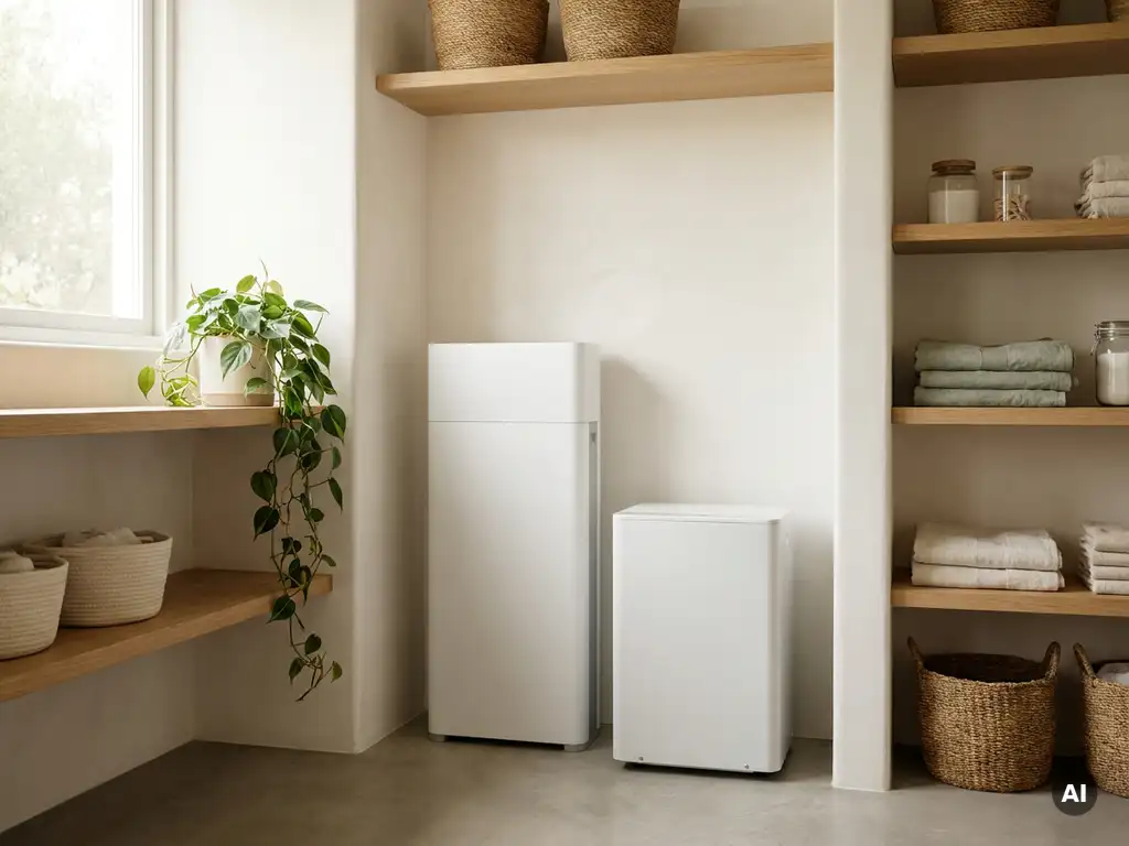 Witte thuisbatterij en warmtepomp naast elkaar in een lichte Nederlandse meterkast met eiken planken en een hangplant.