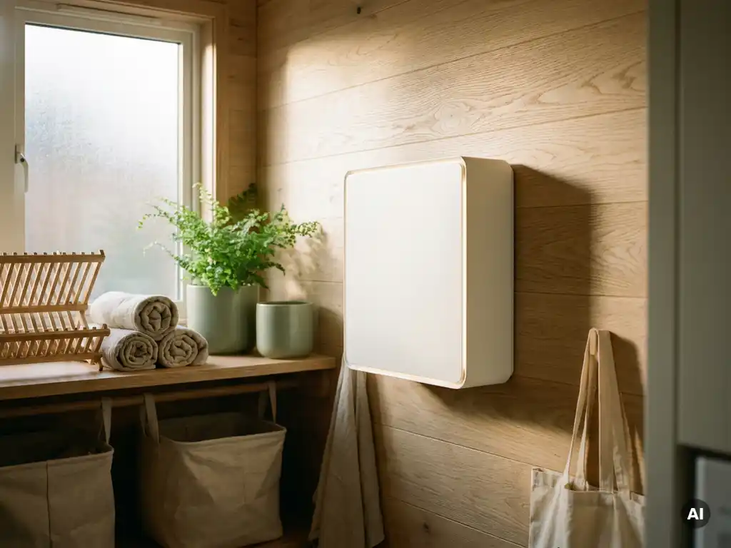 Witte thuisbatterij gemonteerd op lichte eikenhouten muur in bijkeuken, zacht middaglicht door matglas raam.