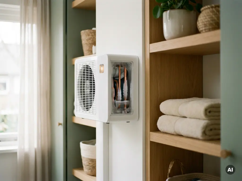 Witte binnenunit van een warmtepomp in een Nederlandse bijkeuken met vorstvorming op koperen leidingen en oranje indicatielampje.