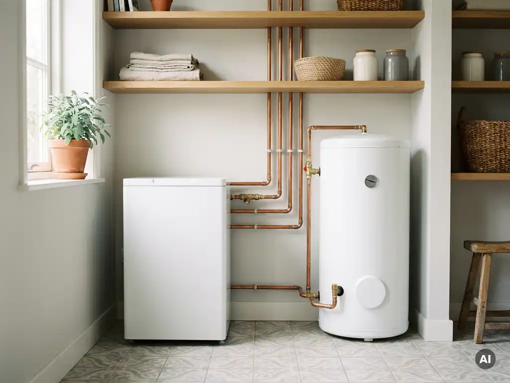 Compacte witte warmtebatterij naast traditionele boiler in Nederlandse meterkast, verbonden met koperen leidingen.
