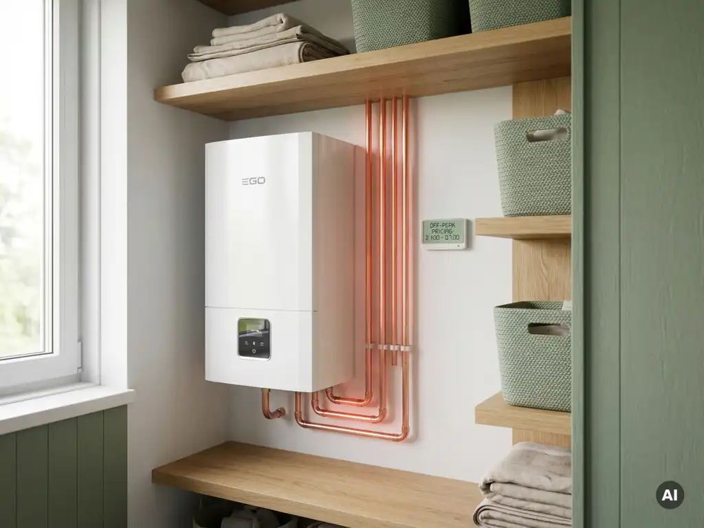 Witte EGO warmtepomp in moderne Nederlandse meterkast met koperen leidingen, digitale energiemonitor en lichte eikenhouten planken.