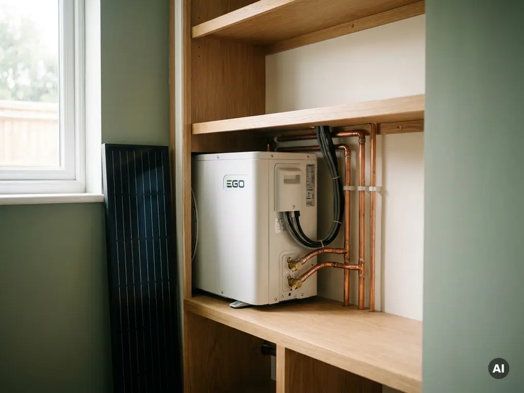 Witte EGO warmtepomp in moderne Nederlandse meterkast met koperen leidingen, kabelgoten en een zonnepaneel tegen de muur.