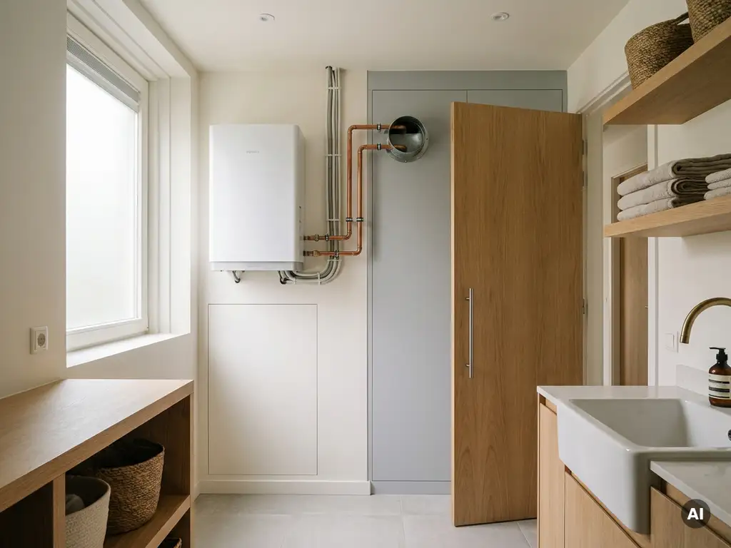 Compacte witte warmtepomp in moderne Nederlandse technische ruimte, verbonden via koperen leidingen met bestaand ventilatiekanaal.