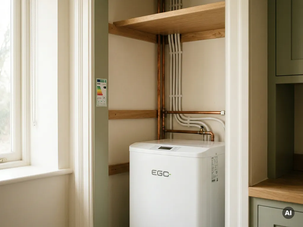 Witte EGO warmtepomp in een moderne Nederlandse meterkast met koperen leidingen, kabelgoten en een energielabel.