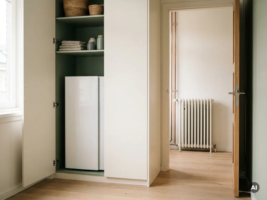 Witte warmtepomp in Nederlandse meterkast, verbonden met klassieke radiator zichtbaar door open deur in moderne hal.