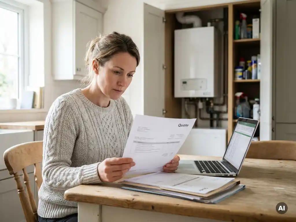 Nederlander van begin 40 bestudeert elektrische offerte aan lichte eiken keukentafel, laptop en documenten naast zich, warmtepomp zichtbaar in achtergrond.