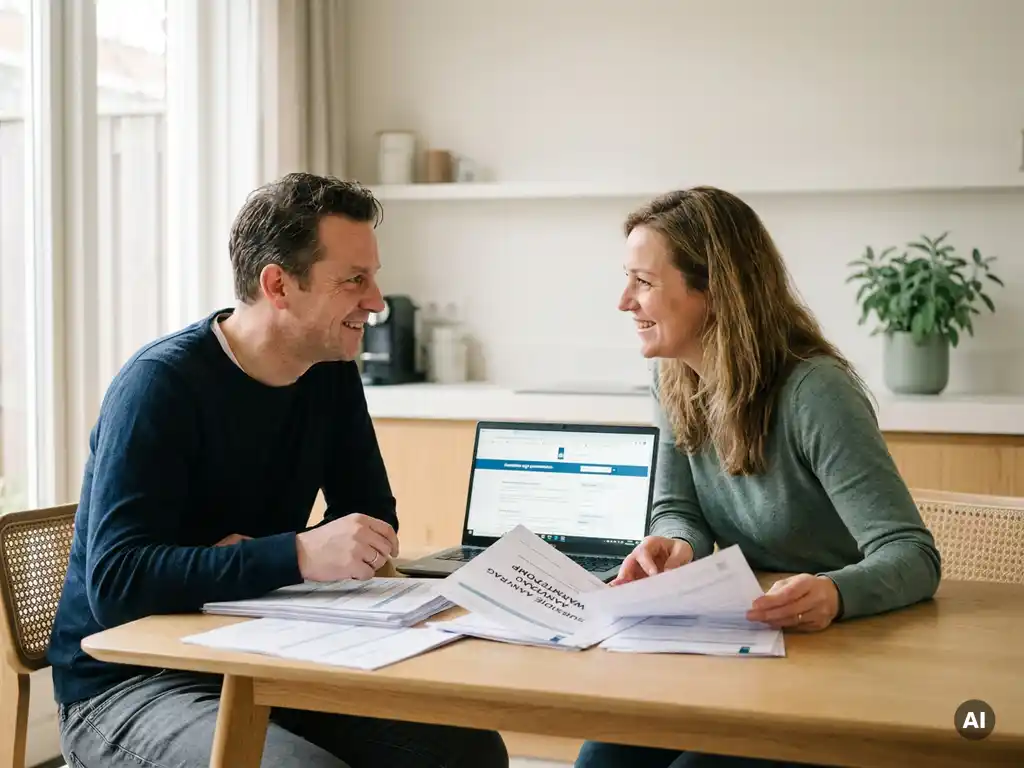 Nederlands stel bekijkt warmtepomp subsidieaanvraag aan eiken keukentafel met laptop en documenten.