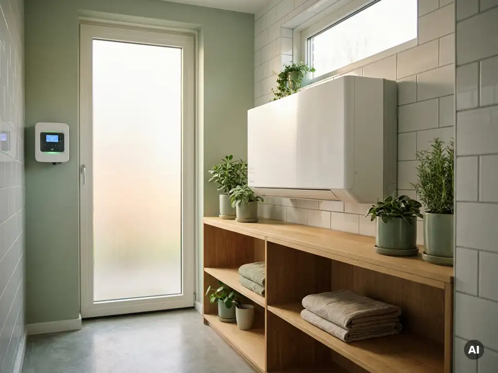 Witte warmtepomp in moderne Nederlandse bijkeuken met zonne-omvormer op de muur, eiken planken en groene planten.