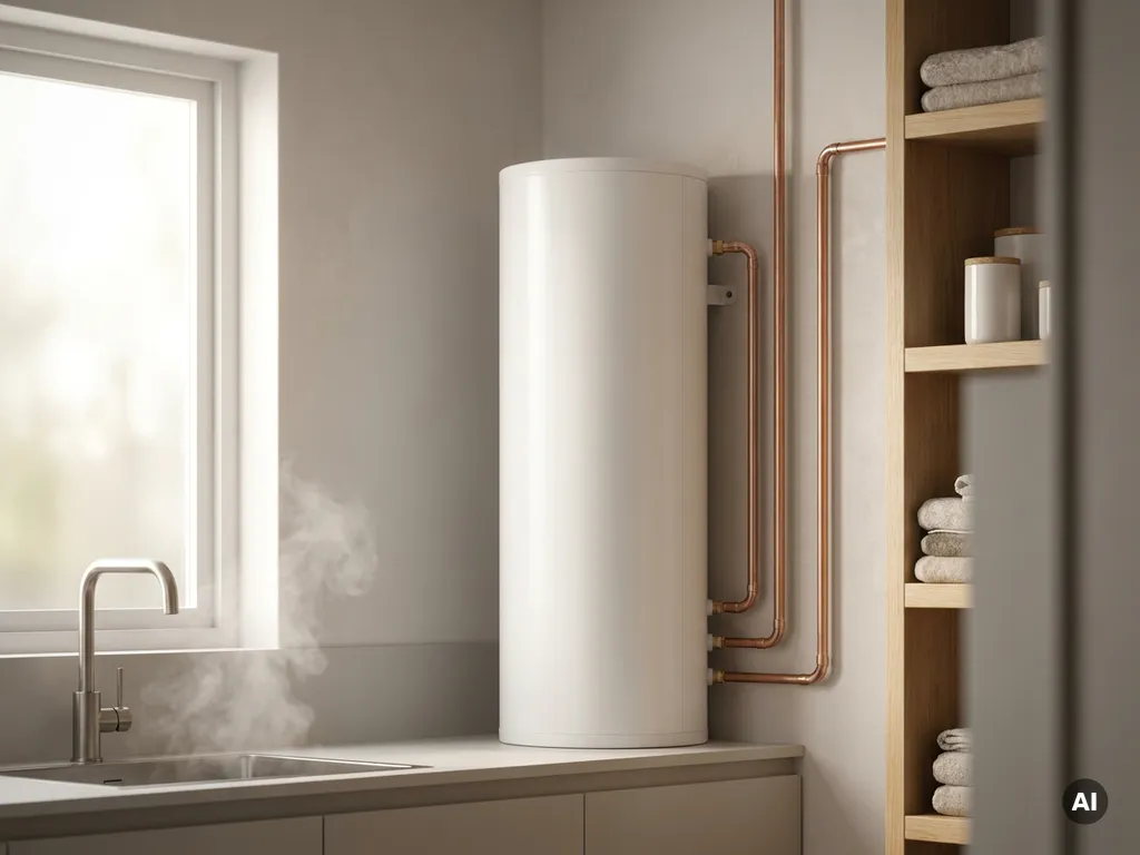 Witte thermische opslag unit in moderne technische ruimte met koperen leidingen, stoom bij de kraan en eiken planken.