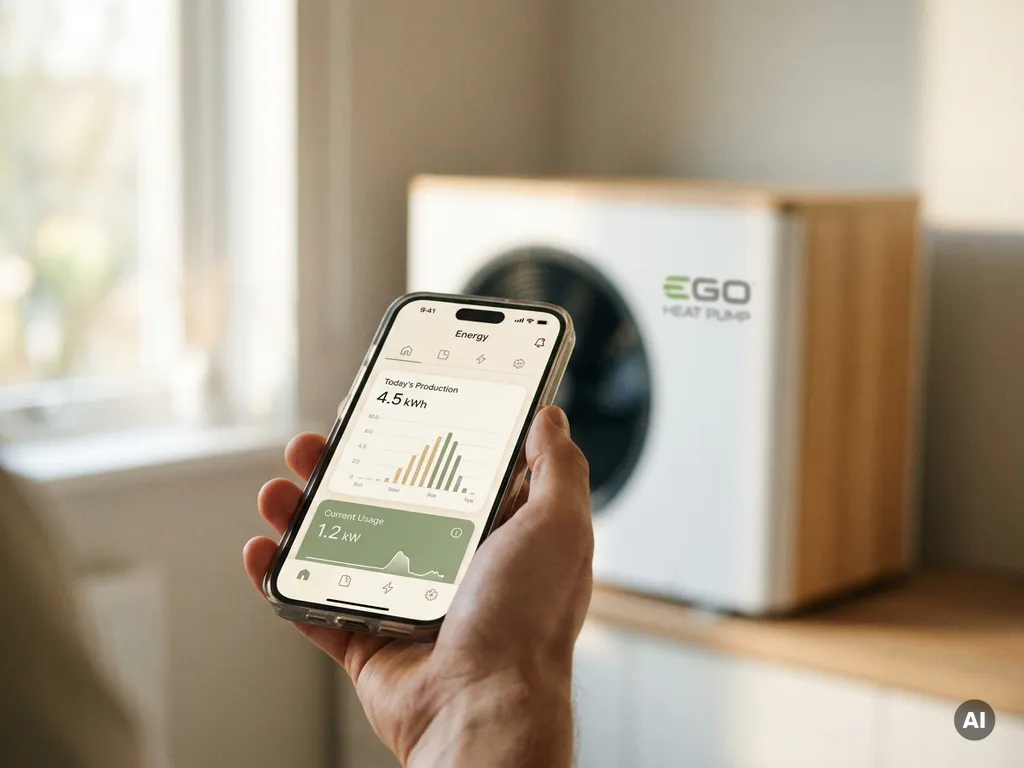Hand houdt smartphone met zonnepanelen-dashboard, witte warmtepomp zichtbaar op achtergrond in lichte nutsruimte.