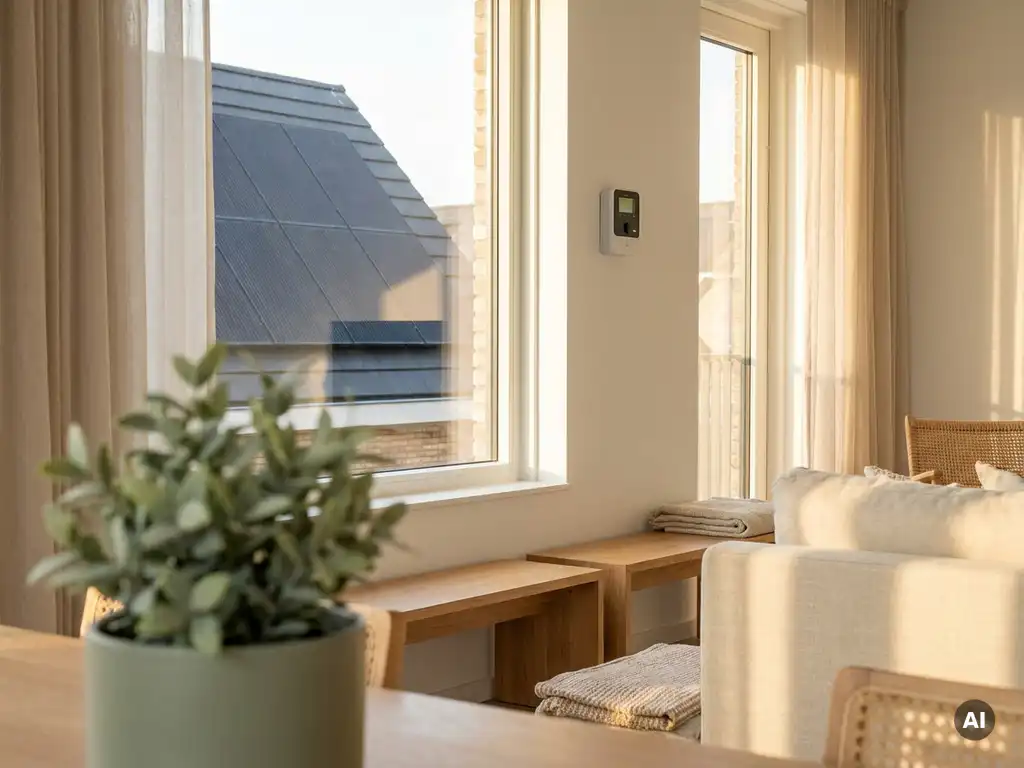 Zonnepaneel zichtbaar door een zonlicht raam in modern Nederlands interieur, met slimme energiemeter aan witte muur en saliegroen plant op voorgrond.