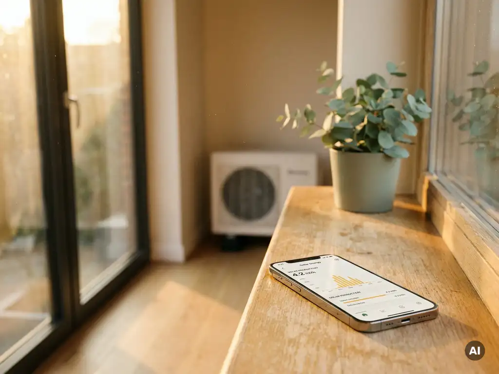 Smartphone met zonne-energiedashboard op eiken vensterbank, warmtepomp op achtergrond in warm Nederlands daglicht.