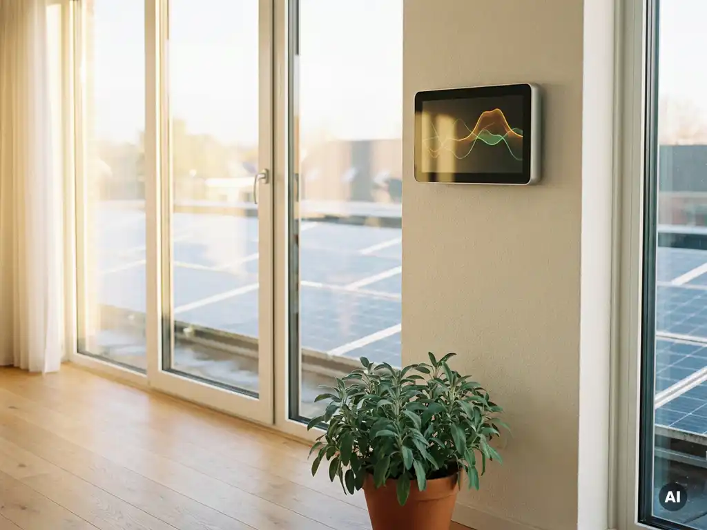 Energiemonitor op witte muur toont verbruikscurves, met zonnepanelen op Nederlands dak zichtbaar door grote ramen en saliegroen plant op eikenhouten vloer.